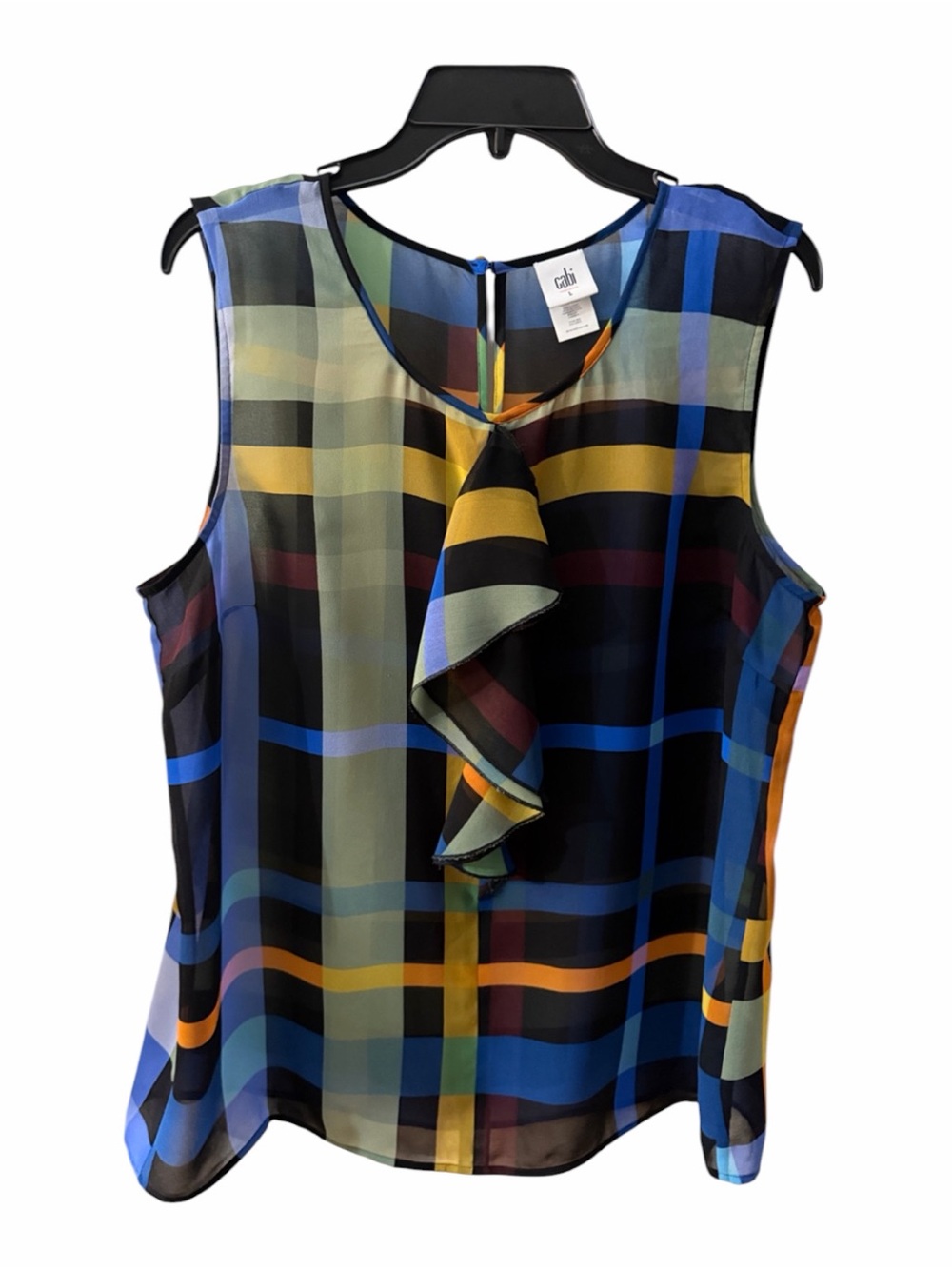 CAbi Blue Yellow Green Black Plaid Ruffle Sheer Front Sleeveless Top